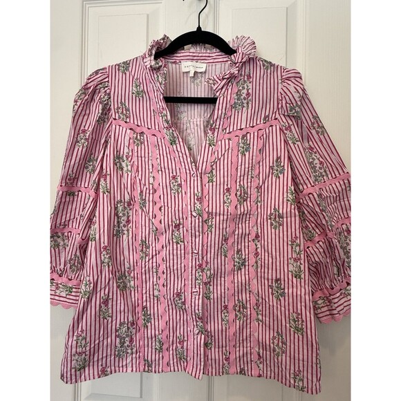 entro Tops - Entro Medium Pink Floral Stripe Cotton Ruffle Bell Sleeve Blouse Top EUC